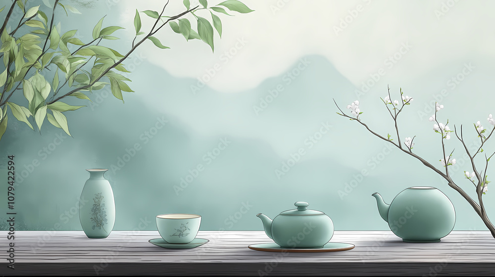 A serene setting of a korean tea ceremony featuring delicate celadon ware. Celadon. Illustration A serene setting of a korean tea ceremony featuring delicate celadon ware. Celadon. Illustration