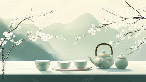 A serene setting of a korean tea ceremony featuring delicate celadon ware. Celadon. Illustration photo