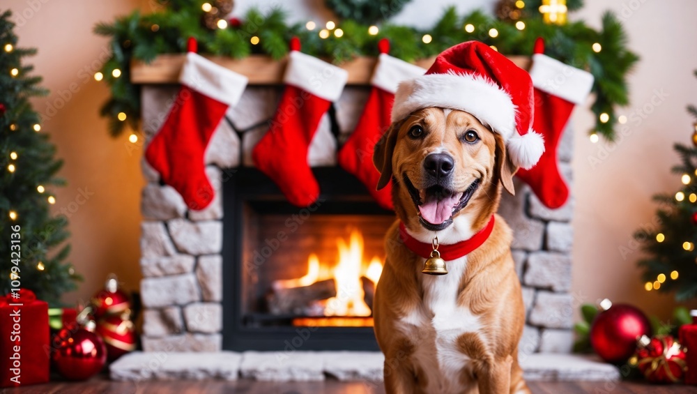 Holiday Christmas Dog wearing Santa hat by the fireplace with decorations Holiday Christmas Dog wearing Santa hat by the fireplace with decorations