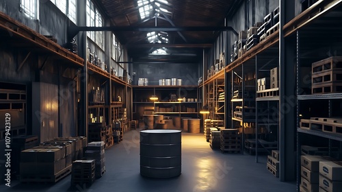 Wide-angle view a warehouse interior with organized shelves and industrial lighting,