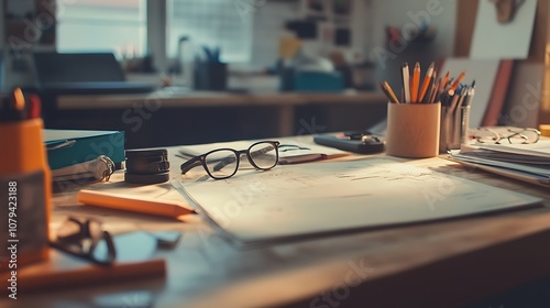 an office desk with supplies, emphasizing a productive work environment.