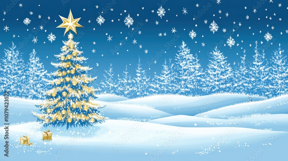 A decorated Christmas tree stands tall in a snowy forest, with gifts at its base and snowflakes falling from the night sky. A decorated Christmas tree stands tall in a snowy forest, with gifts at its base and snowflakes falling from the night sky.