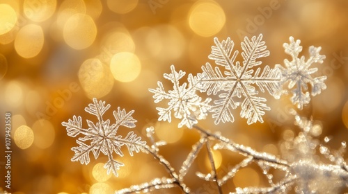 close up of a faling snowflakes float gently through the air, winter air, sunlight, Golden bokeh - Generative AI	
 photo