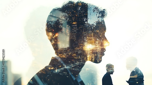 Double exposure image businesspeople working together, highlighting collaboration and teamwork.