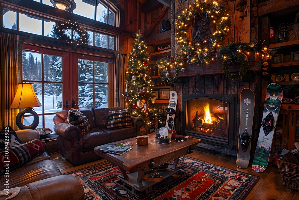 Cozy holiday evening in a rustic mountain cabin with Christmas decorations and a warm fireplace Cozy holiday evening in a rustic mountain cabin with Christmas decorations and a warm fireplace