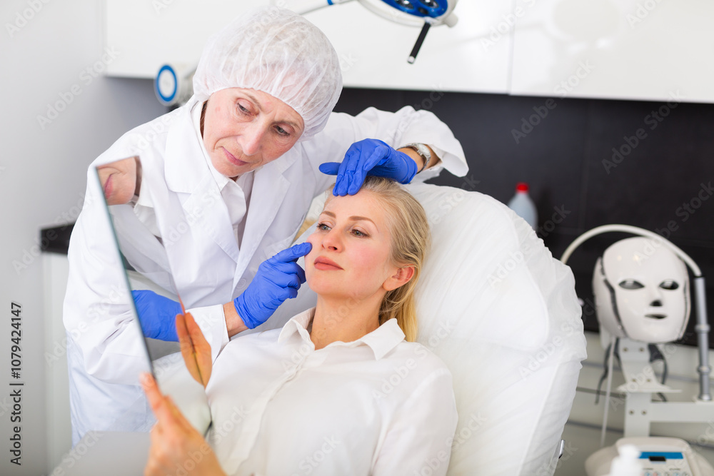 Naklejka premium Professional female cosmetologist planning upcoming facial treatments for adult woman in modern aesthetic medicine office, patient looking at mirror
