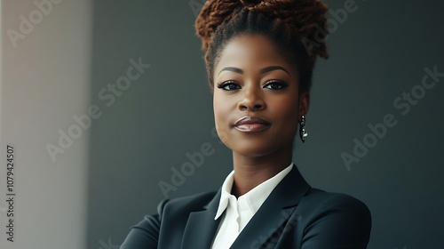Confident African American businesswoman in a suit, embodying leadership in the workplace.