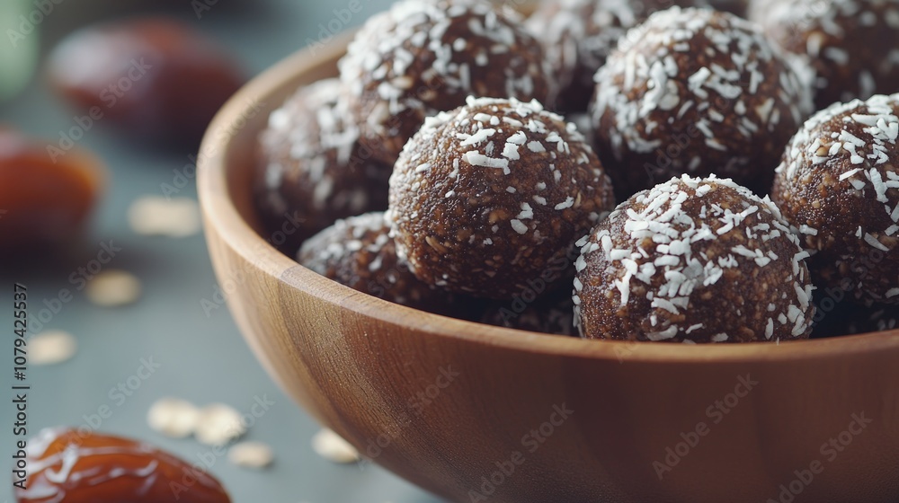 Close up of a bowl of homemade energy balls, with dates and oats on the table. Close up of a bowl of homemade energy balls, with dates and oats on the table.