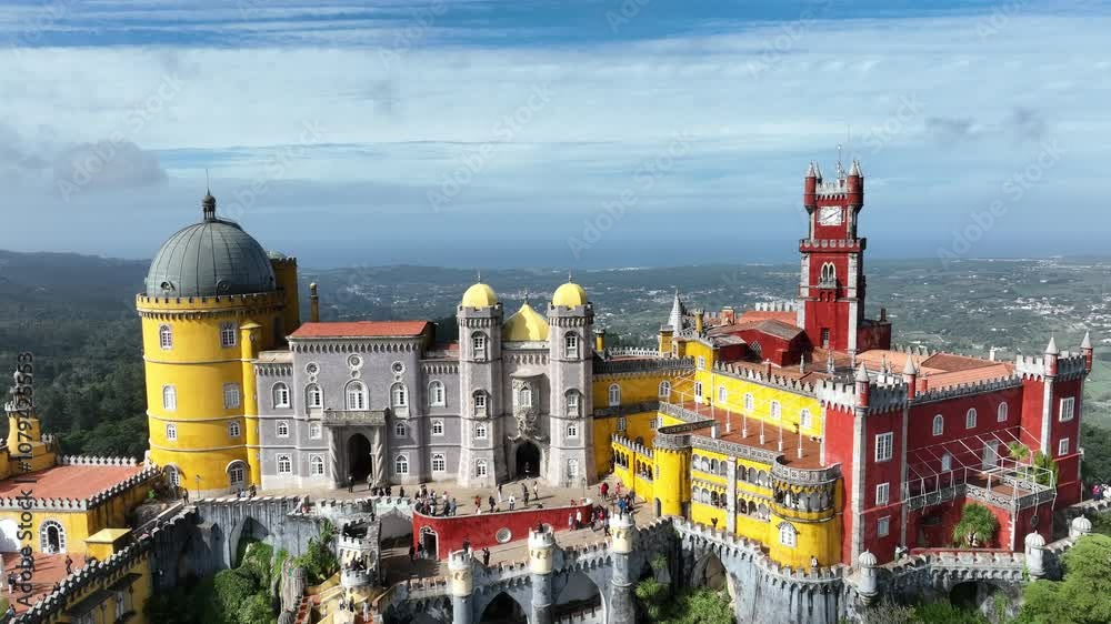 Palace of Pena in Sintra. Lisbon, Portugal. Part of cultural site of Sintra City. Drone Point of View. 4k.