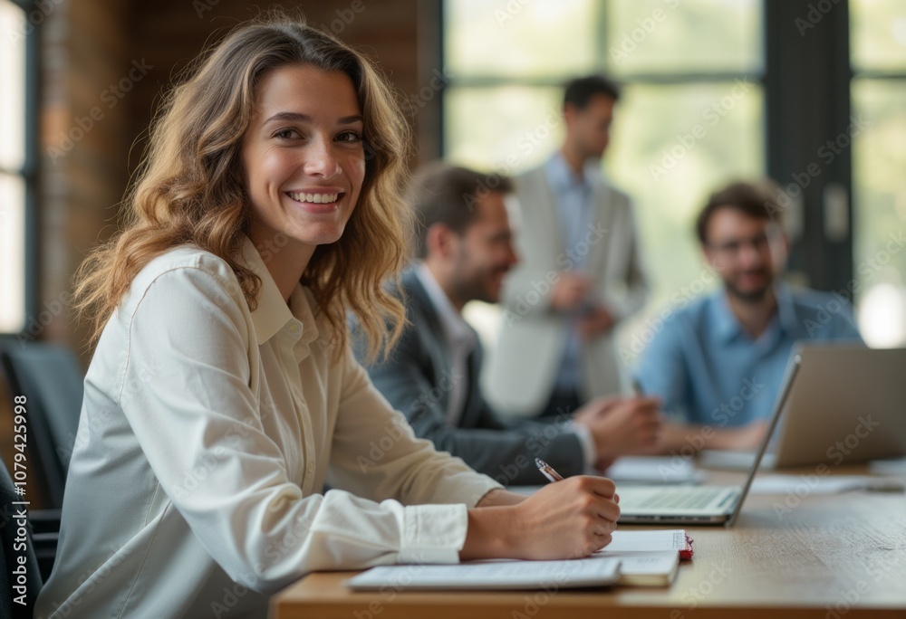 A young woman with wavy hair smiles while taking notes during a business meeting in a modern office setting. The background features three men engaged in conversation, highlighting a collaborative and A young woman with wavy hair smiles while taking notes during a business meeting in a modern office setting. The background features three men engaged in conversation, highlighting a collaborative and