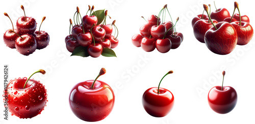 The image depicts eight different representations of cherries arranged in two rows isolated on transparent or white background. photo