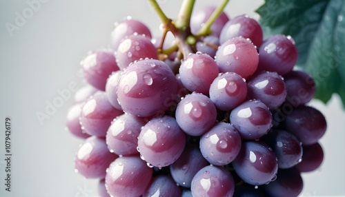 a close-up of a plump purple grape with water droplets on its skin, highlighting its texture, set against a stark white backdrop