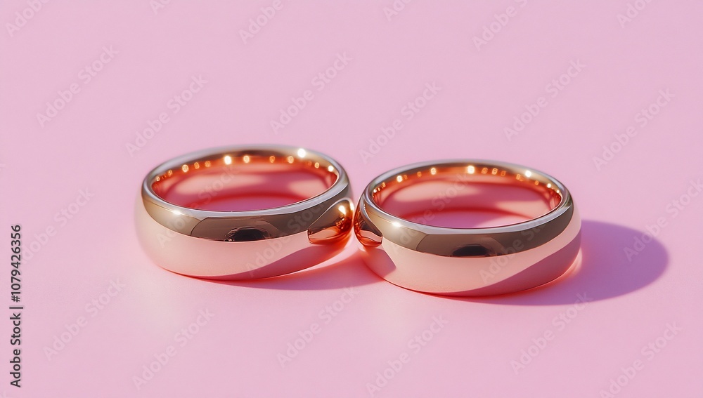 Two elegant wedding rings on a pink background. Two elegant wedding rings on a pink background.