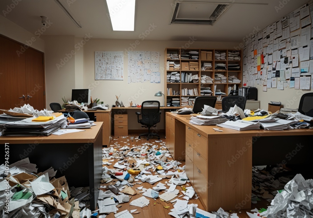 A mountain of garbage, garbage bags in the middle of a modern bright office during the working day A mountain of garbage, garbage bags in the middle of a modern bright office during the working day