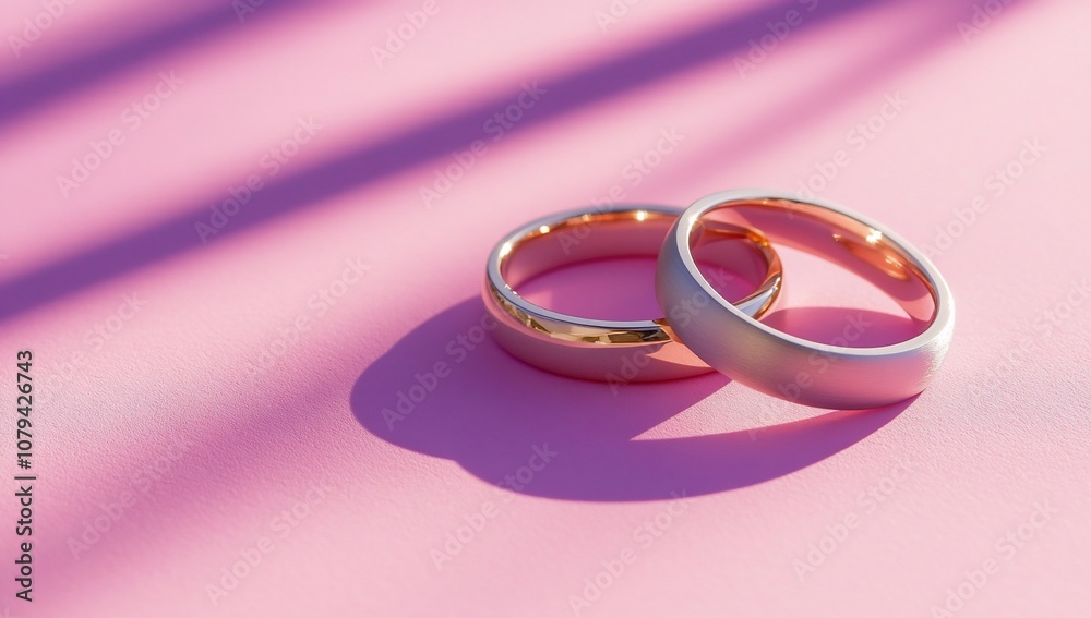 Two wedding rings on a pink background, symbolizing love and commitment. Two wedding rings on a pink background, symbolizing love and commitment.