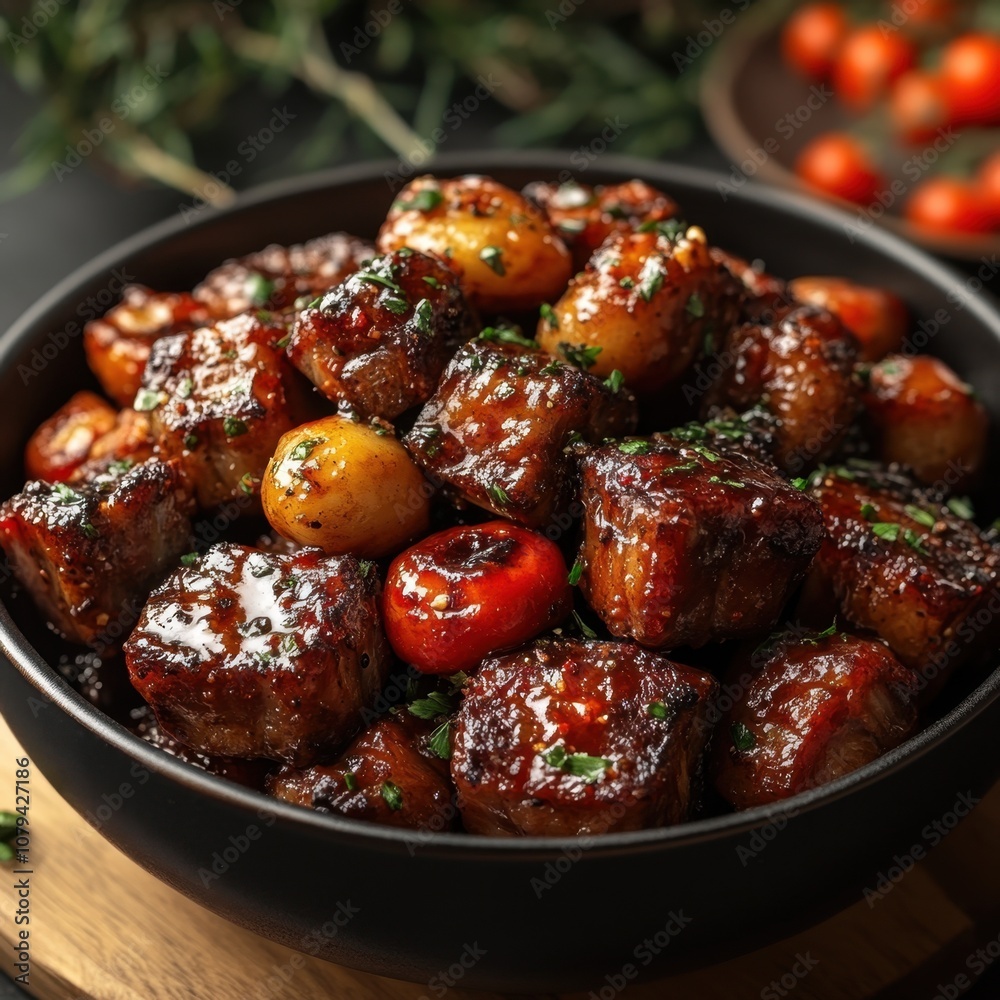 Savory meat dish with glazed ingredients in a bowl Savory meat dish with glazed ingredients in a bowl