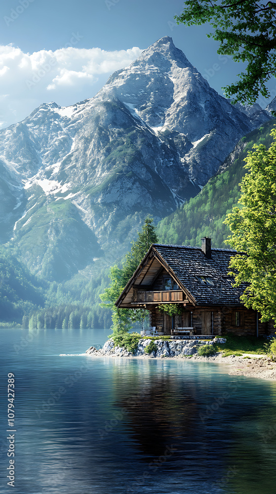 Fototapeta premium Beautiful house water with mountain background image