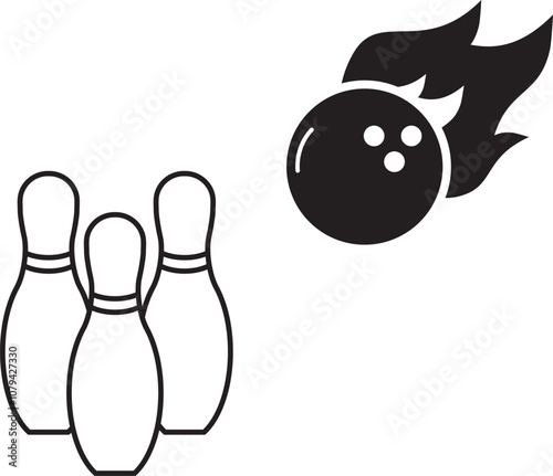 Illustration of a bowling pin icon being hit by a flaming bowling ball