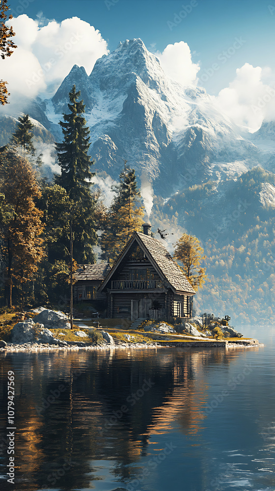 Naklejka premium Charming house water with mountain scenery picture