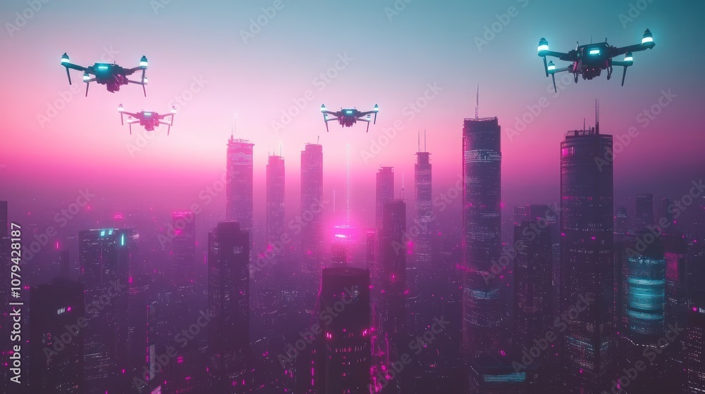 Four drones flying over a futuristic city skyline at sunset with neon lights. Four drones flying over a futuristic city skyline at sunset with neon lights.