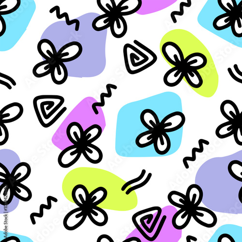 Seamless floral pattern in doodle style. Scandinavian cartoon style on pastel palette background. Minimalist, simple, cute, childish. Ideal for baby rooms, clothing, textiles, wrapping paper