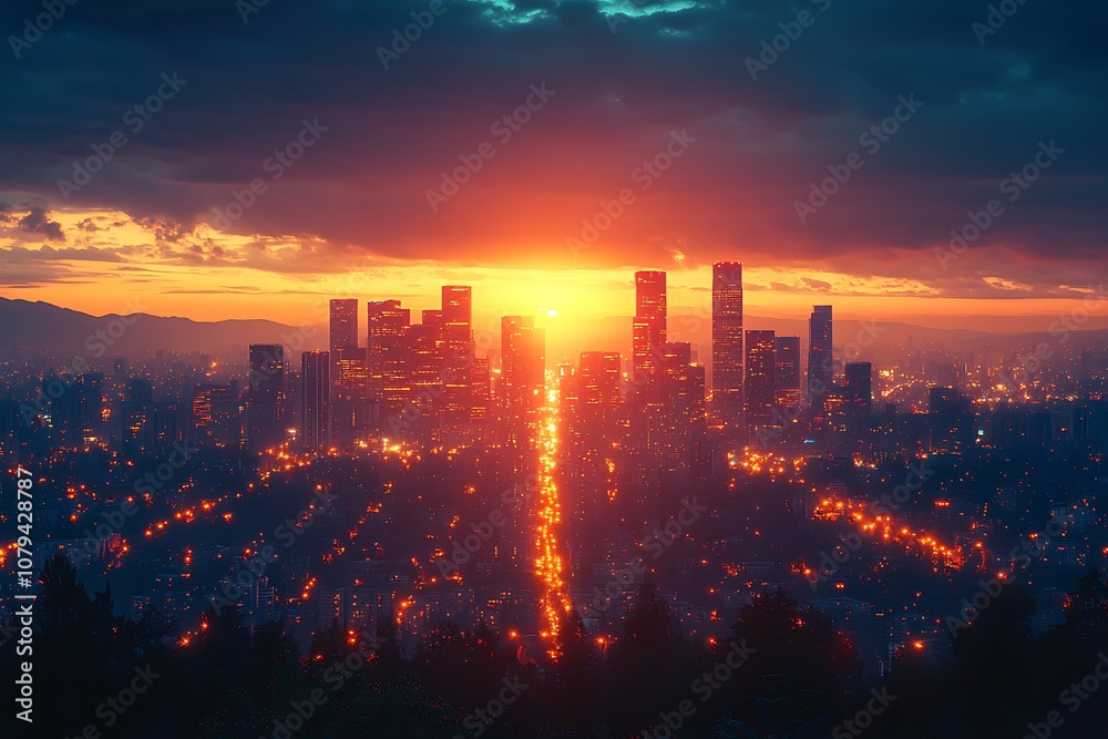 Fototapeta premium Sunrise over Cityscape with Dramatic Sky and Street Lights