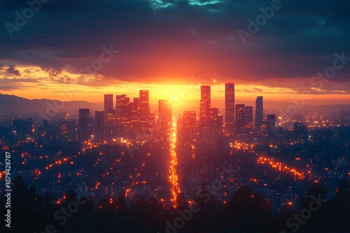 Sunrise over Cityscape with Dramatic Sky and Street Lights