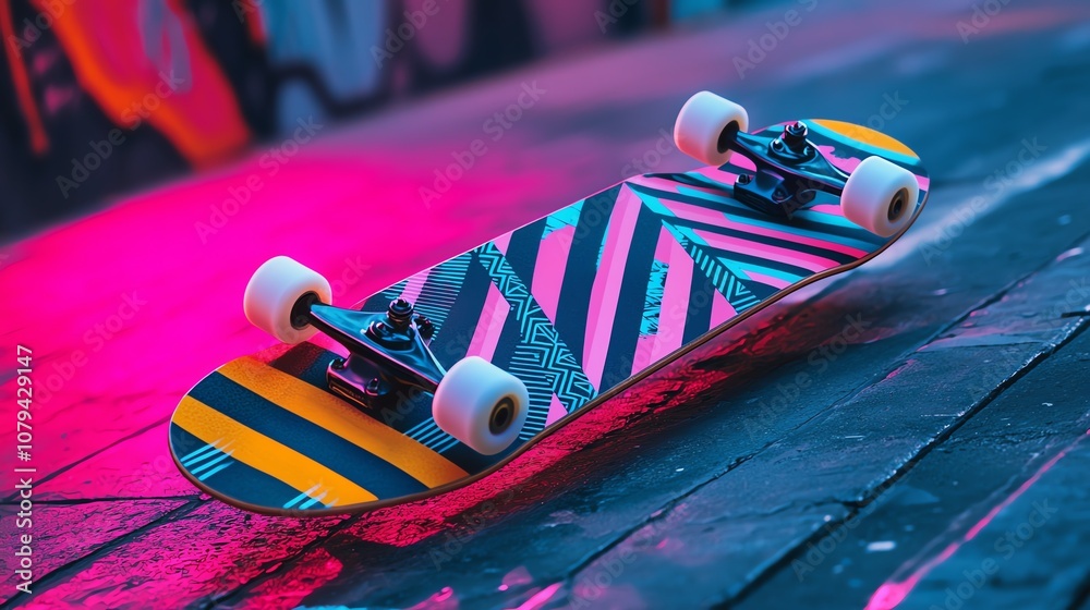 Obraz premium Vibrant skateboard deck with abstract geometric patterns, neon colors, dynamic shapes, modern street art style, professional product photography