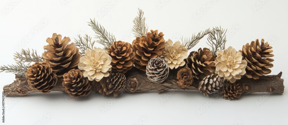 Pinecone decoration with natural textures on a clean white backdrop perfect for seasonal crafts and home decor