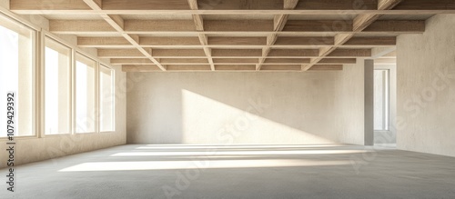 Renovating spacious loft with plywood ceiling and plastered walls under construction with window openings and cement floor