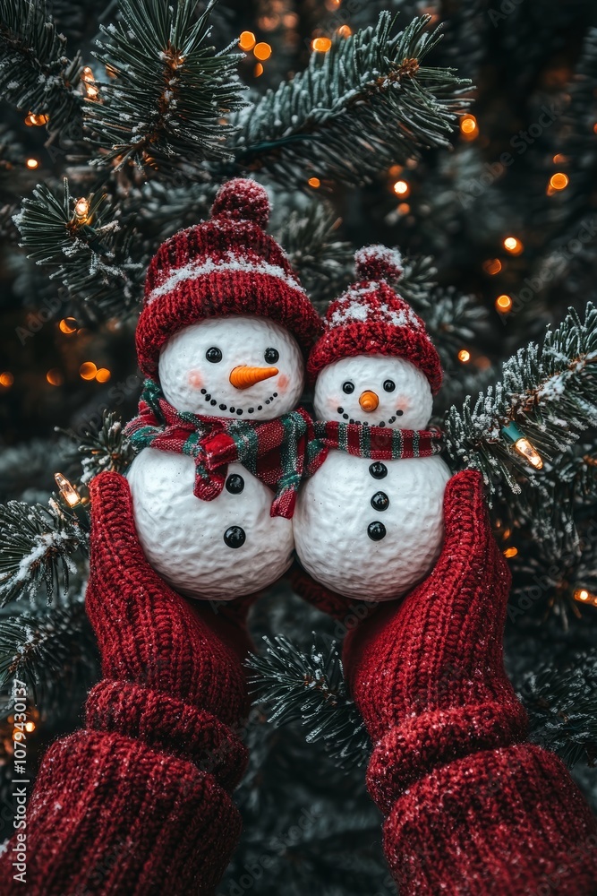 Two cheerful snowmen with red mittens and scarves stand by a decorated Christmas tree in a snowy wonderland. Two cheerful snowmen with red mittens and scarves stand by a decorated Christmas tree in a snowy wonderland.