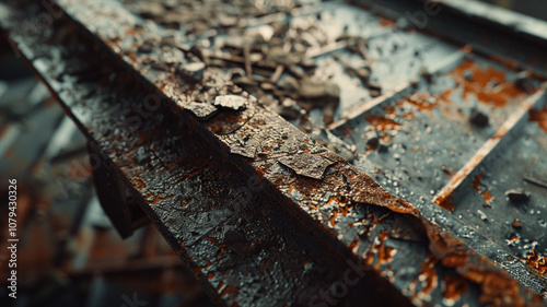 Abandoned Warehouse Roof: A close-up of an abandoned warehouse roof, with rusted beams and debris, illustrating industrial decline. photo