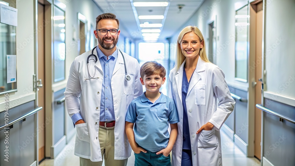 A team of doctors with a child patient in a hospital hallway symbolizing healthcare collaboration and patient care A team of doctors with a child patient in a hospital hallway symbolizing healthcare collaboration and patient care