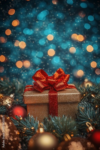 A festive present box adorned with a red bow nestled among the branches of a decorated Christmas tree.