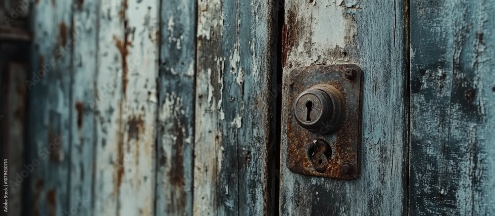 Rusty lock on a weathered door preventing access to a dilapidated shed evoking a sense of mystery and abandonment Rusty lock on a weathered door preventing access to a dilapidated shed evoking a sense of mystery and abandonment