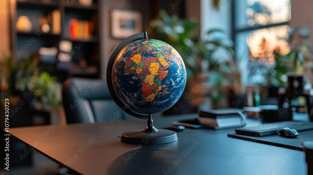 A globe sits on a desk in a modern office. A globe sits on a desk in a modern office.