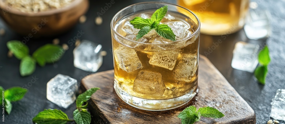 Refreshing glass of cold barley tea infused with ice cubes ideal for summer hydration Refreshing glass of cold barley tea infused with ice cubes ideal for summer hydration