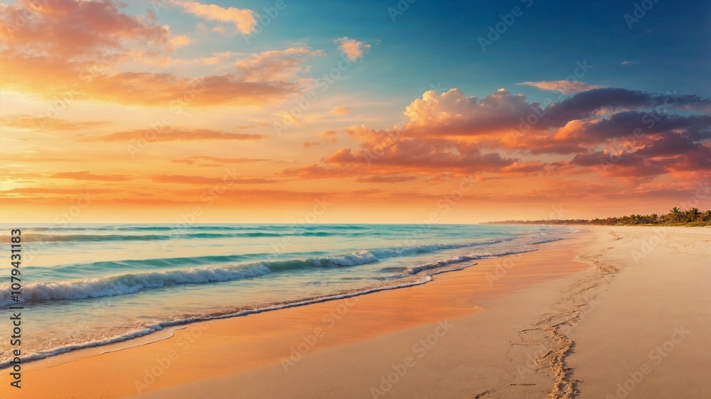 Fototapeta premium Closeup sea sand beach. Panoramic beach landscape. Inspire tropical beach seascape horizon. Orange and golden sunset sky calmness tranquil relaxing sunlight summer mood. Vacation travel holiday banner