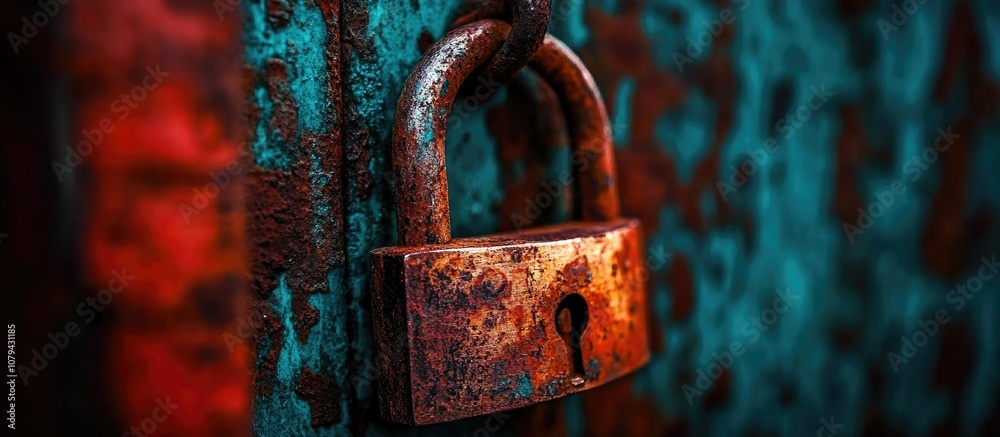 Rusty padlock hanging on an aged wooden door symbolizing security and history Rusty padlock hanging on an aged wooden door symbolizing security and history