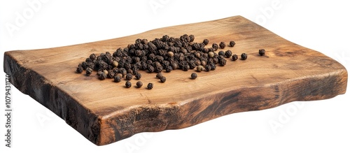 Rustic wooden cutting board adorned with freshly ground black pepper ideal for culinary presentations and kitchen decor