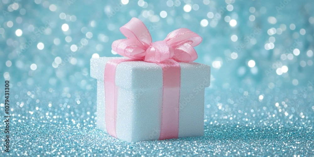 Fototapeta premium A white gift box adorned with a pink ribbon sits elegantly on a vibrant blue background, perfect for celebrations.