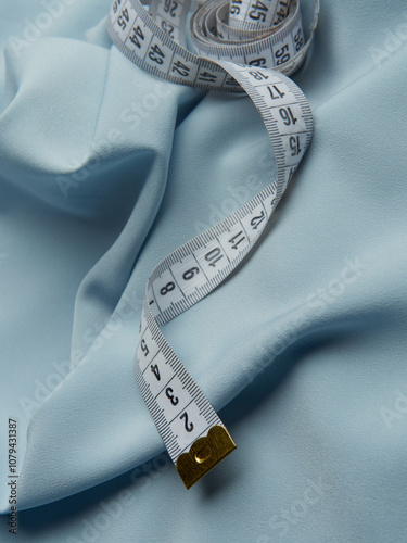 Tailor's tape measure on blue fabric..Advertising photo of a tailor's service.