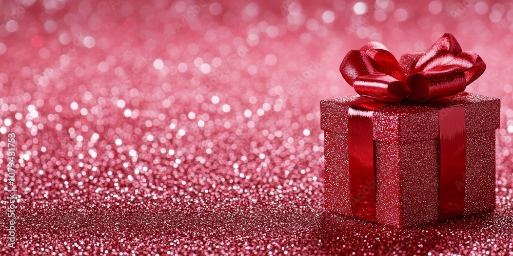 A red gift box with a shiny bow, set against a sparkling background, perfect for festive occasions and celebrations. A red gift box with a shiny bow, set against a sparkling background, perfect for festive occasions and celebrations.