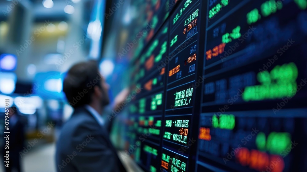 A businessman looks at stock market data on a large screen. A businessman looks at stock market data on a large screen.