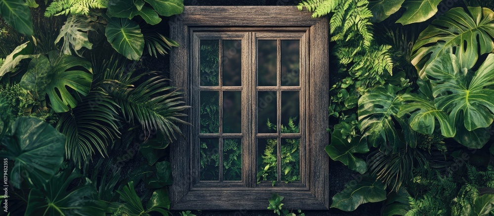 Rustic wooden window framed by lush greenery perfect for capturing natural light in home decor Rustic wooden window framed by lush greenery perfect for capturing natural light in home decor
