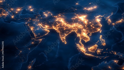 A nighttime view of Asia highlighting city lights and infrastructure.