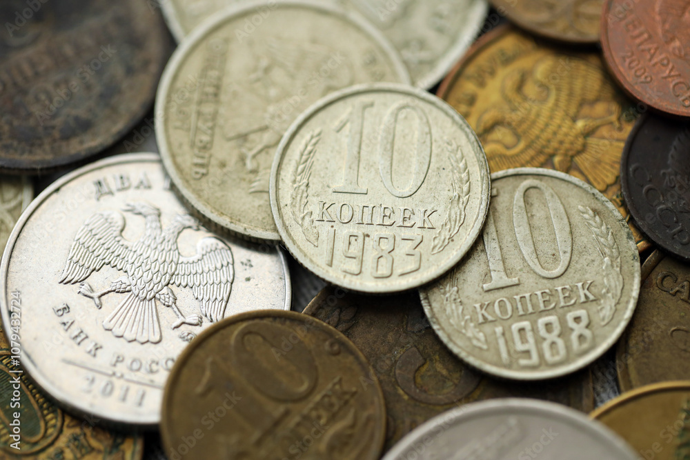 Big pile of different coins from various time period in Russia and Soviet Union. Old and dirty russian money Big pile of different coins from various time period in Russia and Soviet Union. Old and dirty russian money