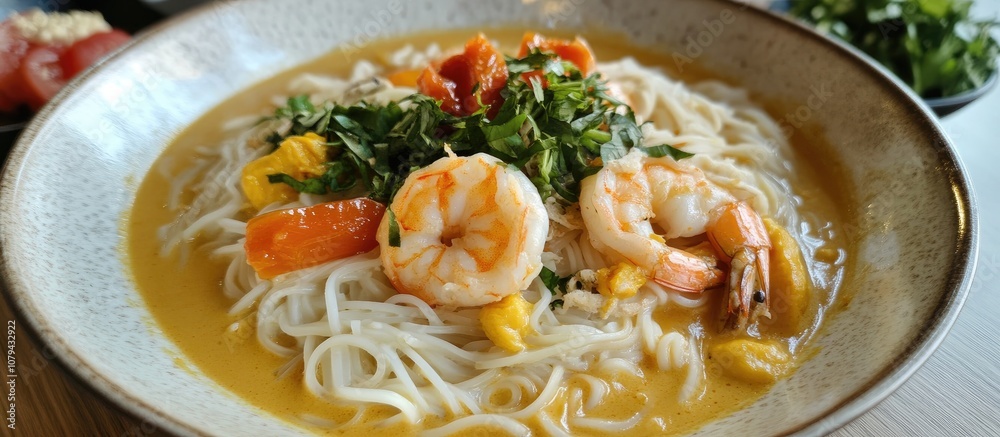 Rice noodles in creamy coconut milk with fresh vegetables and shrimp beautifully presented on a dining table Rice noodles in creamy coconut milk with fresh vegetables and shrimp beautifully presented on a dining table