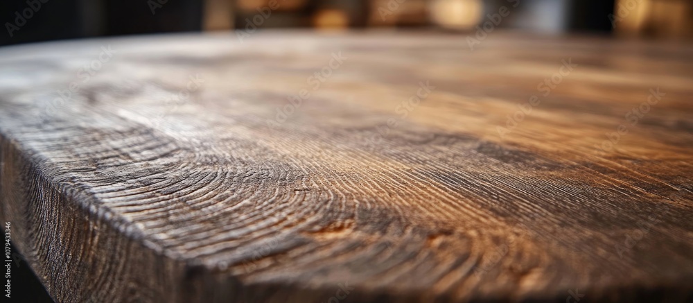 Rustic wooden tabletop showcasing intricate grain patterns elegantly blurred background enhances focus on texture