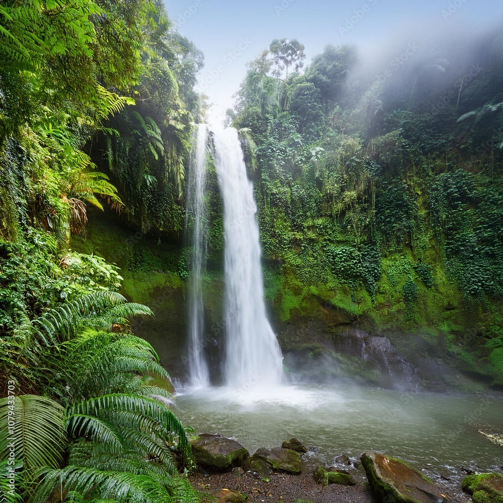 Towering Waterfall Crashing Into a Deep Basin Below, Surrounded by Lush Greenery and Mist Rising From the Water, Creating a Cool, Refreshing Scene in the Heart of the Rainforest Towering Waterfall Crashing Into a Deep Basin Below, Surrounded by Lush Greenery and Mist Rising From the Water, Creating a Cool, Refreshing Scene in the Heart of the Rainforest